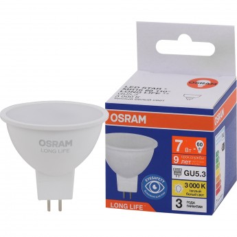 Лампа светодиодная OSRAM LED 7Вт GU5.3 3000К 560Лм спот 220В Лампа светодиодная OSRAM LED 7Вт GU5.3 3000К 560Лм спот 220В